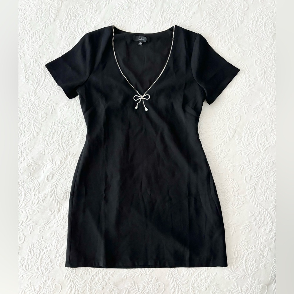 NWOT Lulus Charming Sparkle Black Rhinestone Bow Short Sleeve Mini Dress Small - Picture 2 of 8